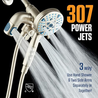 AquaCare Polaris 208-mode High Pressure Shower Head Combo with Hydro Arms | Luxury 3-way 14-zone System with 370 Stay-clean Power Jets, Handheld Magnetic Docking & 6 ft. Stainless Steel Hose / Nickel - color: Nickel