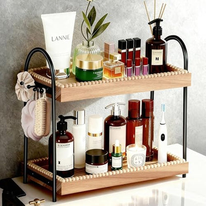 Bathroom Organizer Countertop Tall 2-Tier Waterproof 20+ Bottles 8 Hooks | Tall design for family bathroom/vanity, fits tall perfume/skincare, paulownia wood shelf, 8 hooks keep jewelry tidy, non-slip - color: B-large-black & Light Brown