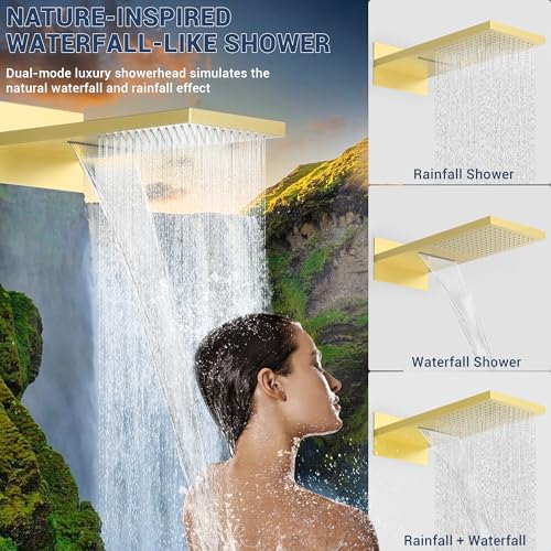 Luxury Thermostatic Rain & Waterfall Shower System with 22” Rain Shower Head & 6 Body Jets, JetsBath Wall Mounted Shower Faucet Sets with Handheld Sprayer, 3/4” Inlet Thermostatic Valve - color: Brushed Gold