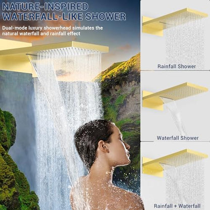 Luxury Thermostatic Rain & Waterfall Shower System with 22” Rain Shower Head & 6 Body Jets, JetsBath Wall Mounted Shower Faucet Sets with Handheld Sprayer, 3/4” Inlet Thermostatic Valve - color: Brushed Gold
