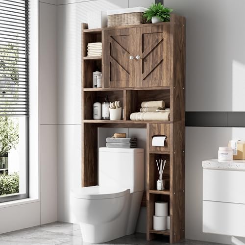 Over the Toilet Storage Cabinet, Freestanding Storage Cabinet Over Toilet, Bathroom Storages Organizer Cabinets with Toilet Paper Holder Stand and Adjustable Shelf, Walnut - color: Walnut