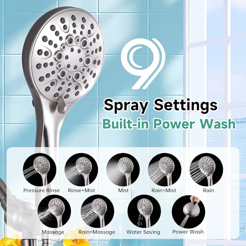 BRIGHT SHOWERS High Pressure Shower Head with Handheld, 9 Spray Settings Showerhead Built in Power Wash to Clean Tub and Pets, Extra Long 69" Hose, Adjustable Bracket, Brushed Nickel - color: Brushed Nickel, style: 1.8 GPM | 9 Modes