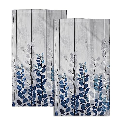 Giwawa Blue Eucalyptus Leaves Hand Towels Set of 2 Rustic Wood Soft Guest Bath Towel Kitchen Dish Towels Spa Home Bathroom Decorations - color: Blue Leaf Wood