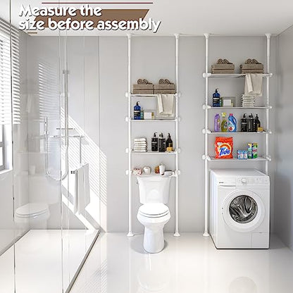 YeYeBest Over The Toilet Storage, Bathroom Organizer 4-Tier Adjustable Shelves for Small Room, Saver Space, 91 to 124 Inch Tall Stainless Steel White