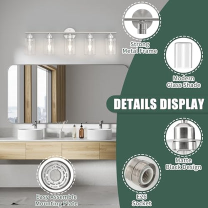 Bathroom Vanity Light Fixtures Brushed Nickel Bathroom Lighting Fixture, 5 Lights Bathroom Light Fixture Over Mirror, Modern Black Vanity Light, Wall Sconces with Glass Shades - color: Brushed Nickel, size: 5 Lights