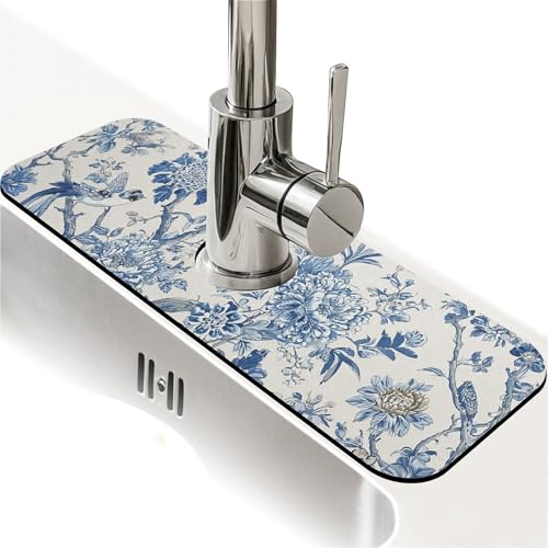 Kitchen Sink Splash Guard，Blue flowers and birds-1 Faucet Mat Sink Gadgets-Super Absorbent Fast Drying Mat Drip Catcher for Kitchen, Bathroom,Sink Mat, Dish Drying Mat, Bathroom(15" X 5.5" ) - color: Blue flowers and birds-1