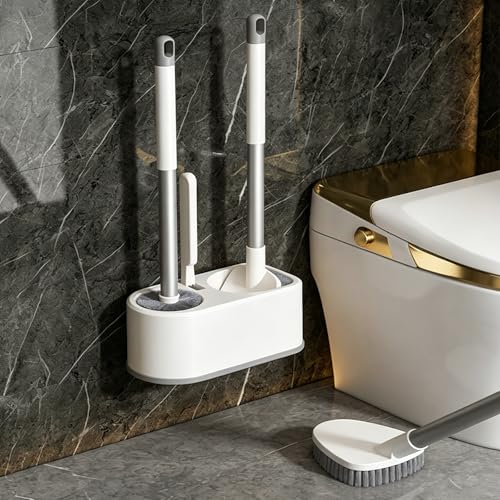 Basaza Toilet Bowl Brush and Holder 3-in-1 Toilet Brush and Holder Set Toilet Scrubber for Bathroom White Hidden Toilet Cleaner Brushes Floor-Standing or Wall-Mounted - color: #B1 White 3 in 1 Toilet Brush Set