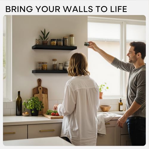 Black Floating Shelf 20 inch, High End Solid Real Wood 20inch Bathroom Floating Shelves for Wall Mounted, Black Wooden 20in Floating Shelves, Heavy Duty Bracket, 20 X 6.5 X 1.75 in, Set of 2 - color: Modern Black - Rich Neutral Satin, size: 20 inch