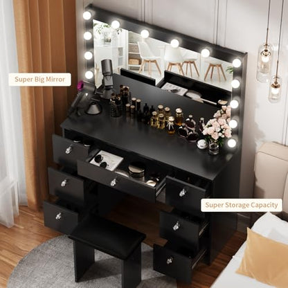 VOWNER Vanity with Lighted Mirror - Makeup Vanity Desk with Power Outlet and 7 Drawers, 3 Color Lighting Modes Adjustable Brightness, 44" Vanity Table with Soft Cushioned Stool for Women Girls, Black - color: Black
