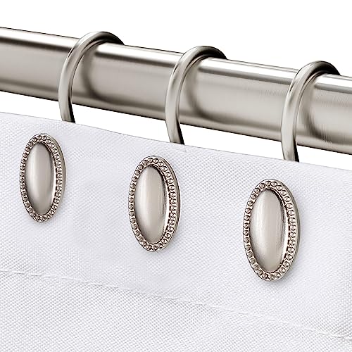 Brushed Nickel Shower Curtain Hooks, 12Pcs Heavy Duty Rustproof | Zinc alloy construction, 5mm wire, 50lb max load, smooth glide, tool-free install, fits standard rods, holds curtain & liner