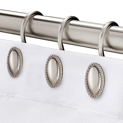 Brushed Nickel Shower Curtain Hooks, 12Pcs Heavy Duty Rustproof | Zinc alloy construction, 5mm wire, 50lb max load, smooth glide, tool-free install, fits standard rods, holds curtain & liner