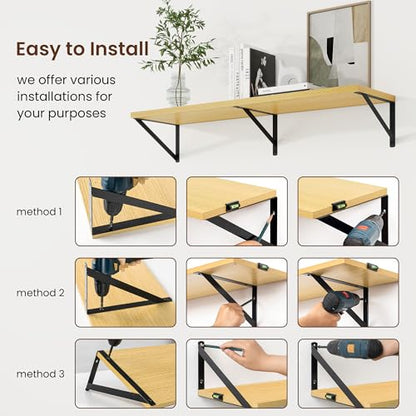Deep Floating Shelves, 24'' x 10'' Oak Wall Shelves Set of 2 | 10 Inch Deep Shelves with Heavy Duty Brackets, Rustic Wood Shelves for Bathroom Living Room, Engineered Wood, 40LBS - color: Oak, size: 24W x 10D