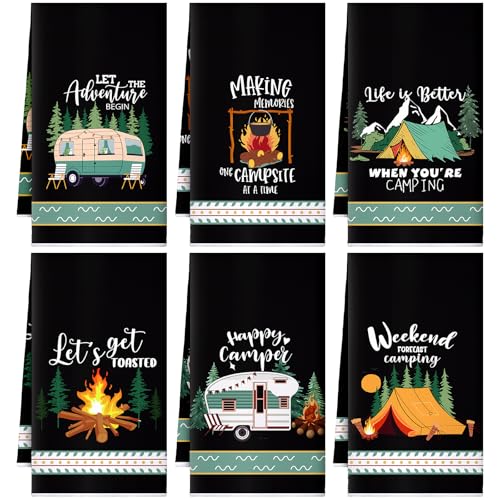 Boyiee 6 Pcs Camping Kitchen Towels Black Absorbent Dishcloth | Bonfire Tent Car Tea Towels with Funny Sayings 24 x 16 Inches Novelty Gifts for Rv Campers Happy Camper Accessories - color: Black Camping