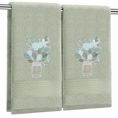 SmoothNovelty 2 Pcs Eucalyptus Hand Towels Gray Green Bathroom Decor 14x29 Inch Embroidered 100% Cotton Soft Absorbent Spring Summer Decorative Hand Towels for Bathroom Kitchen - style: Eucalyptus