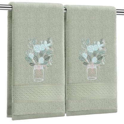 SmoothNovelty 2 Pcs Eucalyptus Hand Towels Gray Green Bathroom Decor 14x29 Inch Embroidered 100% Cotton Soft Absorbent Spring Summer Decorative Hand Towels for Bathroom Kitchen - style: Eucalyptus