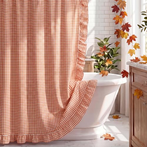 HunnmingRe Ruffled Gingham Shower Curtain Orange | 72'' x 72'' Vintage Farmhouse Cotton Cottage Core Rural Checkered Plaid Fall Shower Curtain with 12 Hooks for Bathroom Decor - color: Orange, style: Ruffled Gingham
