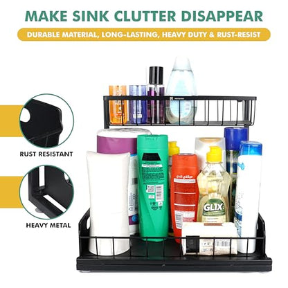Height Adjustable 2-Tier Under Sink Organizer with 3 Hooks – Kitchen Sink Cabinet Storage Rack, Expandable Sink Caddy for Kitchen, Bathroom & Pantry - color: Black
