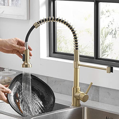 Kitchen Faucet Pull Down Sprayer, Stainless Steel, Brushed Gold | Stainless Steel NSF Certified,1 Handle Faucet,Farmhouse Camper Laundry Utility Rv Wet Bar Sinks,Deck Plate 1,3 Hole - color: C - Brushed Gold