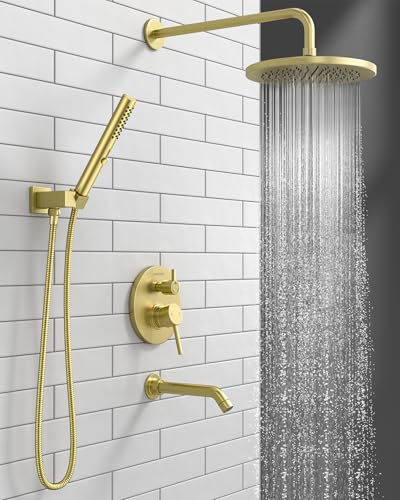 Lava Odoro Modern 3-Setting Round Rain Bathtub and Shower Faucet Set, Gold Rainfall Shower Head and Handle Set, Rain Shower System with Tub Spout, Shower Valve Trim Kit, Brushed Gold, SF104-SG-T - color: Brushed Gold, style: With Tub Spout