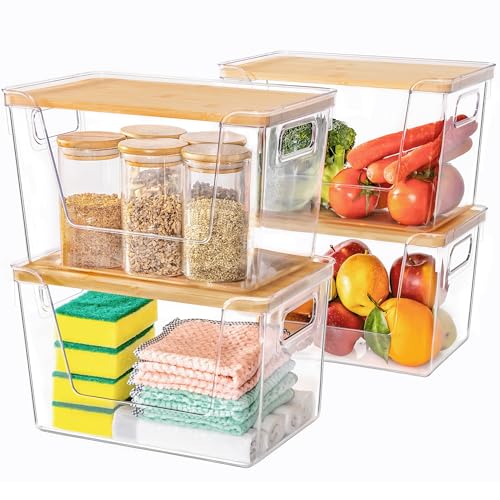 Criusia 4 Set Pantry Organizers and Storage with Bamboo Lids, Stackable Clear Bins for Onion, Potato, Fruit, Vegetables, Trash Bag Dispenser, Kitchen and Under Sink Organizer - size: 4 Pack Large