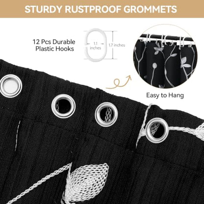 Embroidered Leaf Farmhouse Shower Curtain,Faux Linen,72Wx72L,Black | Boho Modern Shower Curtain Set, Washable & Waterproof Fabric, Floral Shower Curtains for Bathroom with Hooks - color: Black