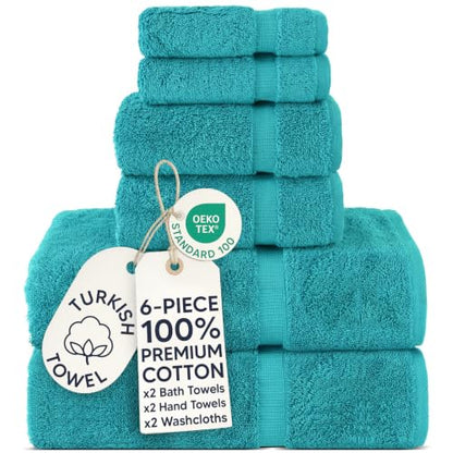 Chakir Turkish Linens 6 Piece Towels Set, 100% Cotton Luxury Turkish Towels for Bathroom, Soft Absorbent Bath Towel Set with 2 Bath Towels 2 Hand Towels 2 Washcloths, Aqua - color: Aqua