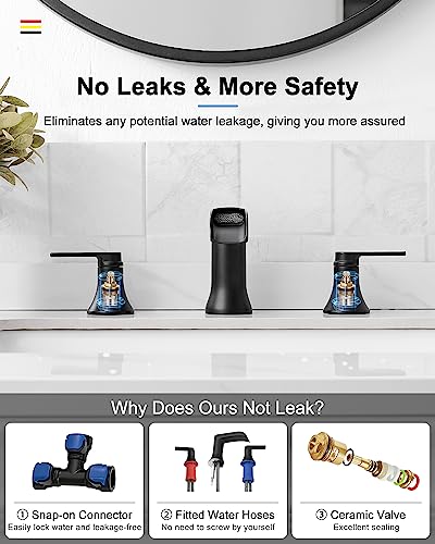 Waterfall Bathroom Sink Faucet, Brass Black Bathroom Faucet, 4-8 Inch 2 Handles Widespread Bathroom Faucets for Sink 3 Hole Vanity Lavatory Farmhouse RV with Pop Up Drain and Supply Hose - color: Matte Black, style: WITH Pop Up Drain