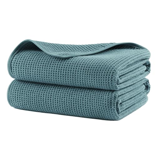 POLYTE 380 GSM Poly Blend Microfiber Quick Dry Waffle Bath Towel, 30x60 in | 2 Pack, Oversize, Lint Free, Body Towel - color: Green