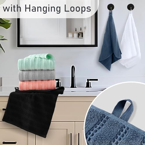 VOOVA & MOVAS Black Hand Towels 4PC,13"x30", 100% Cotton,with Loop | Waffle Weave Fabric, Soft Lightweight & Absorbing, Quick Dry & Non-fading, Unshrinkable - color: Black