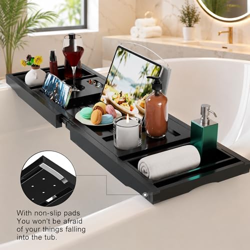 Artmeer Bamboo Bathtub Tray Caddy, Expandable Bath Table for Tub, Bathroom Organizer with Cup Holder, Book Stand and Extending Sides, Black