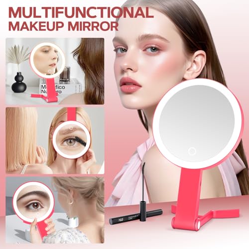 MIYADIVA Lighted Makeup Mirror, 30X Magnifying Mirror with Light, Hanging and Handheld Mirror with Handle, Red - color: Red