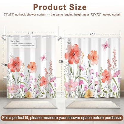 No Hook Shower Curtain with Snap in Liner, Double Layer Waterproof Bathroom Shower Curtain with Mesh Top Window and Weighted Hem, Machine Washable Farmhouse Floral Bath Curtain, 71" W x 74" L - color: Pastel Watercolor Floral