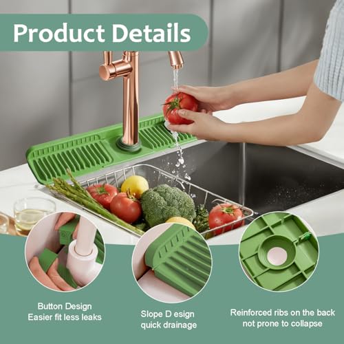 24 Inch Silicone Faucet Mat for Kitchen Sink Splash Guard Folding Faucet Mat with Button Lock Water Draining Pad for Kitchen Bathroom Bar(Green) - color: Green