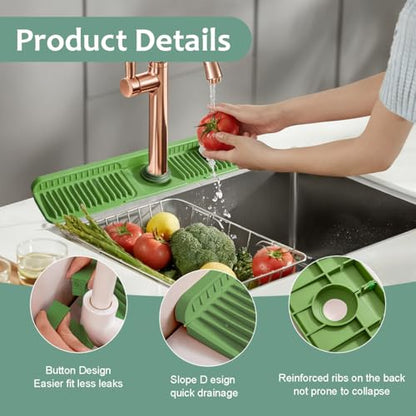24 Inch Silicone Faucet Mat for Kitchen Sink Splash Guard Folding Faucet Mat with Button Lock Water Draining Pad for Kitchen Bathroom Bar(Green) - color: Green