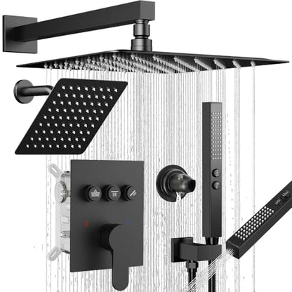 Shower Faucet Set Matte Black Shower System,STARBATH Push Button Diverter Shower Set with 2 in 1 Handheld,Can Use All at Once, 12 Inch Rainfall Shower and 6 Inch Wall Mount Shower Head - color: Matte Black, size: 6+12 inch-09
