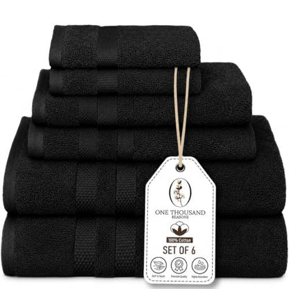 Premium Staple Cotton Bathroom Towel Set - Black 600 GSM 6-Piece Luxury Bath Towel Set 3 Stripe - 2 Bath Towels, 2 Hand Towels & 2 Washclothes Set - High Absorbent & Quick Dry for Gym, Spa, Hotel - color: Black - 3 Stripe
