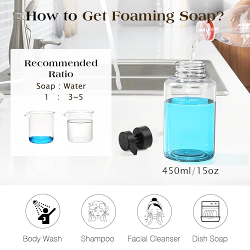 Luxspire 15oz Glass Foaming Soap Dispenser Set, Clear + Dark Gray, 2 Pack | Anti-drip pump, wide mouth easy refill, non-slip silicone base, 7 waterproof labels, refillable glass for hand dish soap - color: Transparent