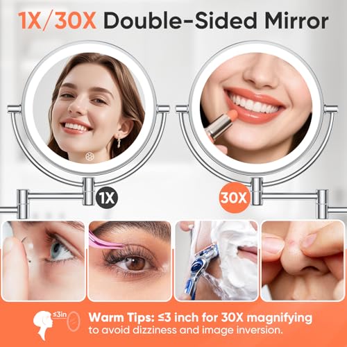 FUNTOUCH AC Plug in Powered 1X/30X Wall Mounted Makeup Mirror with Lights | Double Sided 1X/30X Magnifying,3 Color Lights,Touch Dimmable, Extended Arm 360 Rotation Lighted Bathroom Mirror Magnification - color: Chrome