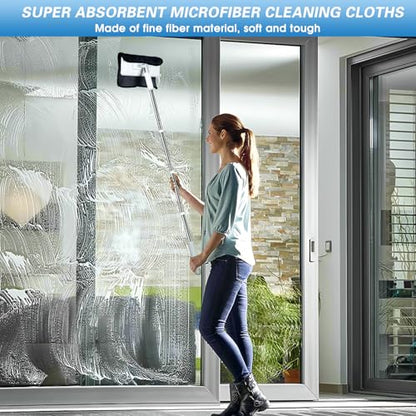 4 in 1 Snap Grip Mini Mop with Squeegee, Floor Scrub Brush with Long Handle | Click Mop, 2 Shiny Towels Wipes Cleaning Cloths, 2 Crevice Brush, Snap Grip Mop for Windows Car Glass Floor Shower Bathroom