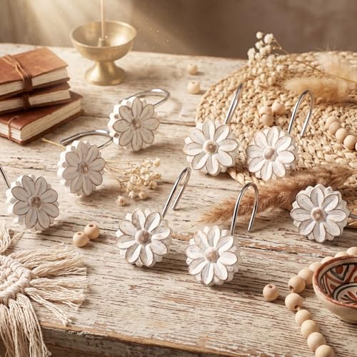 BreezeHug 12 Pcs Boho Shower Curtain Hooks Decorative Shower Curtain Hangers for Bathroom Rod Resin Round Rings with White Flower Pattern, Waterproof - style: Flower