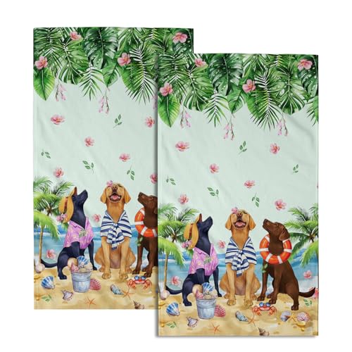 Giwawa Summer Dogs Hand Towel Set of 2, Funny Ocean Beach Coastal Puppy Towel, Tropical Palm Tree Leaf Floral Face Towel Quick Drying Dish Wash Cloth for Hotel Bathroom Gym Home Spa Decor - color: Summer Dog