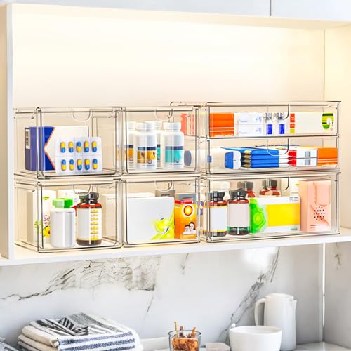 6-Pack Acrylic Stackable Storage Drawers for Vanity, Desk, Bath | 2 large & wide 13" drawers, Smooth-glide, stackable, clear body, dustproof, wipe clean, for makeup, pantry jars, under sink - style: 2 Large+4 Medium Drawers