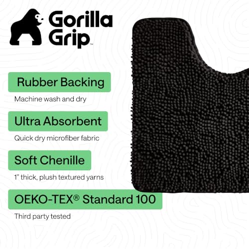 GORILLA GRIP Bathroom Rug Sets 3 Piece, Bath Mat Set and Oval Toilet Base with Rubber Backing, Plush Absorbent Shaggy Chenille Washable Mats, Includes 24x19.5, 24x17 and 30x20 Inch Rugs, Black - color: Black, style: 24"x19.5" + 24"x17" + 30"x20" - 3 Pack