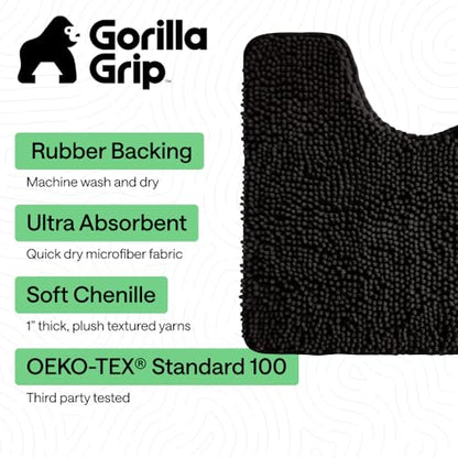 GORILLA GRIP Bathroom Rug Sets 3 Piece, Bath Mat Set and Oval Toilet Base with Rubber Backing, Plush Absorbent Shaggy Chenille Washable Mats, Includes 24x19.5, 24x17 and 36x24 Inch Rugs, Black - color: Black, style: 24"x19.5" + 24"x17" + 36"x24" - 3 Pack