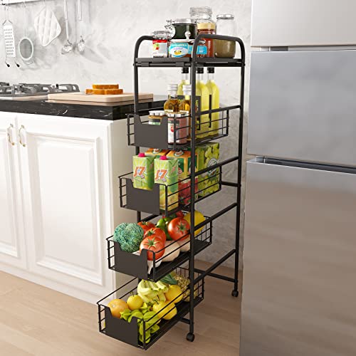 WHIFEA 5 Tier Slim Rolling Cart with Pull-Out Drawers, Multi-Layer Narrow Storage Shelf Organizer on Wheels, Metal Wire Baskets for Fruit, Dishes, Freestanding Unit for Kitchen, Bathroom, Home Office