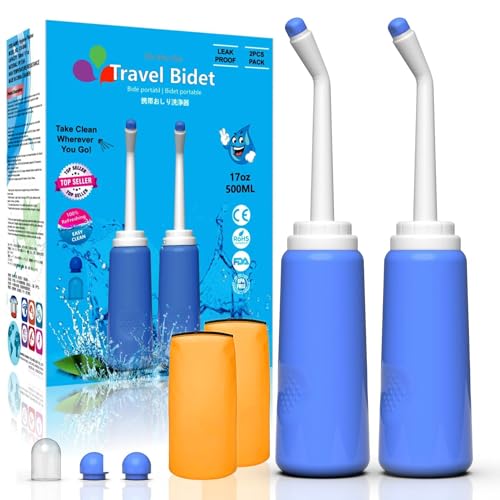 2 Pack Portable Bidet Sprayer Peri Bottle, Number-one Travel Bidet Bottle 500ml 17oz Personal Hygiene Care Toilet Bidet Shower with 2 Nozzles, Dust Cap and Storage Bag for PostPartum Care and Recovery