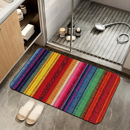 Mexican Bathroom Rugs,Bath Mats for Bathroom,Ethnic Stripes Rainbow Low Pile Absorbent Bath Mat,Rubber Backing Non Slip Washable Thin Quick Dry Door Mat 17x29.5 Inch - color: Mexican,ethnic Stripes Rainbow