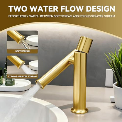 360° Rotatable Bathroom Sink Faucet, Bathroom Faucets 1 Hole 2 Water Outlet Modes, Single Handle Bathroom Faucets with Hot and Cold Hoses - color: Gold