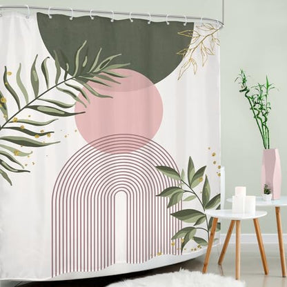 Sage Green Mid Century Pink Boho Abstrac Leaf Bathroom Shower Curtain Set | Bohemian Tropical look; 60"W x 72"L. waterproof HD print, quick-dry fabric and free hooks for easy setup. - color: A-07pink Green, size: 60"W x 72"L (Pack of 1)