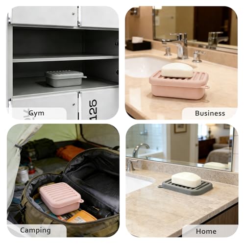 2PCs Silicone Travel Soap Case with Lid & Drain Tray, Leakproof, for Travel | Food-grade silicone, Leakproof seal, Built-in hook, Removable drain pad doubles as soap holder, For gym, travel, camping - color: Pinkgrey